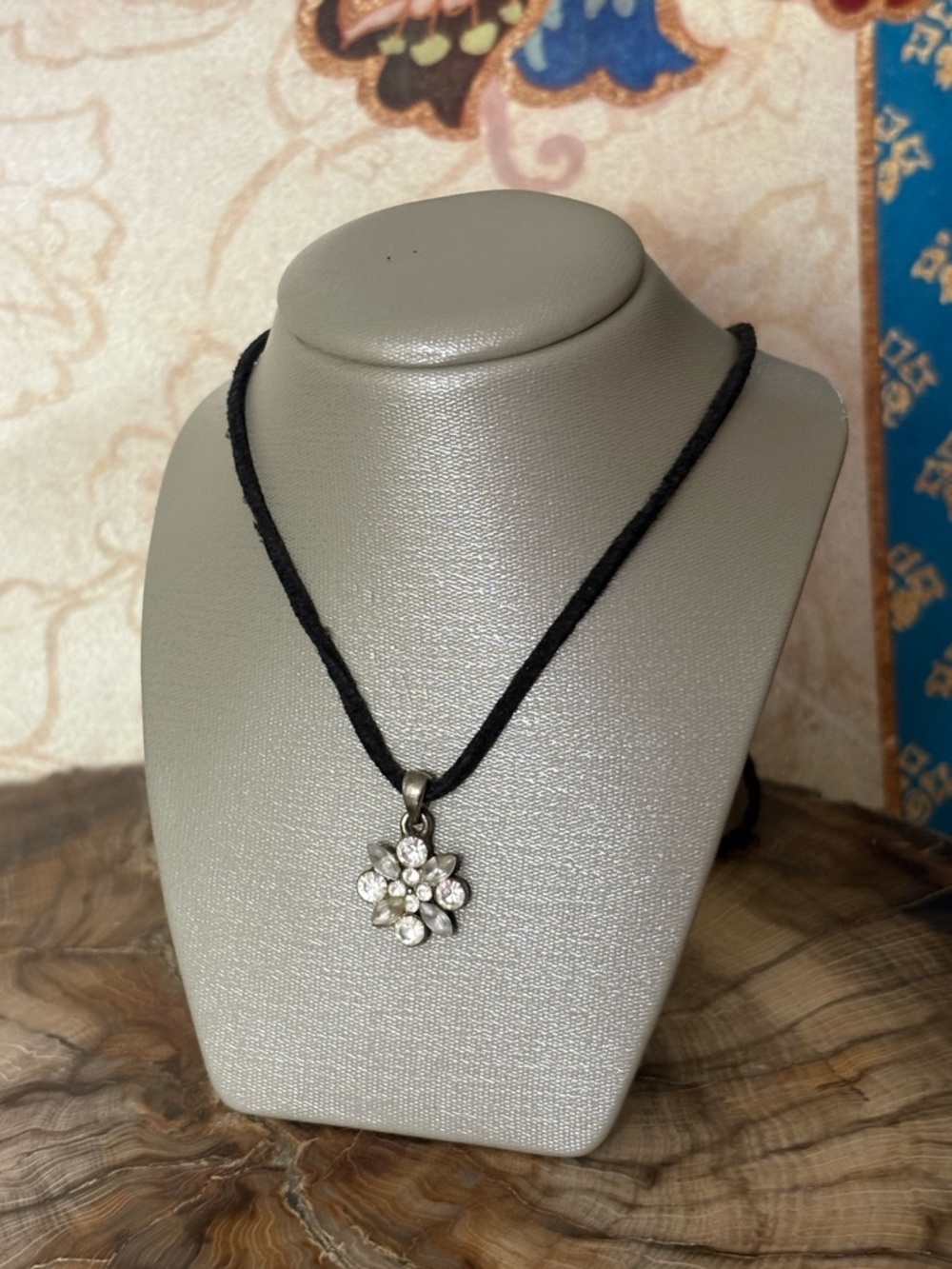 Dainty Crystal Floral Pendant with Black Cord Necklace